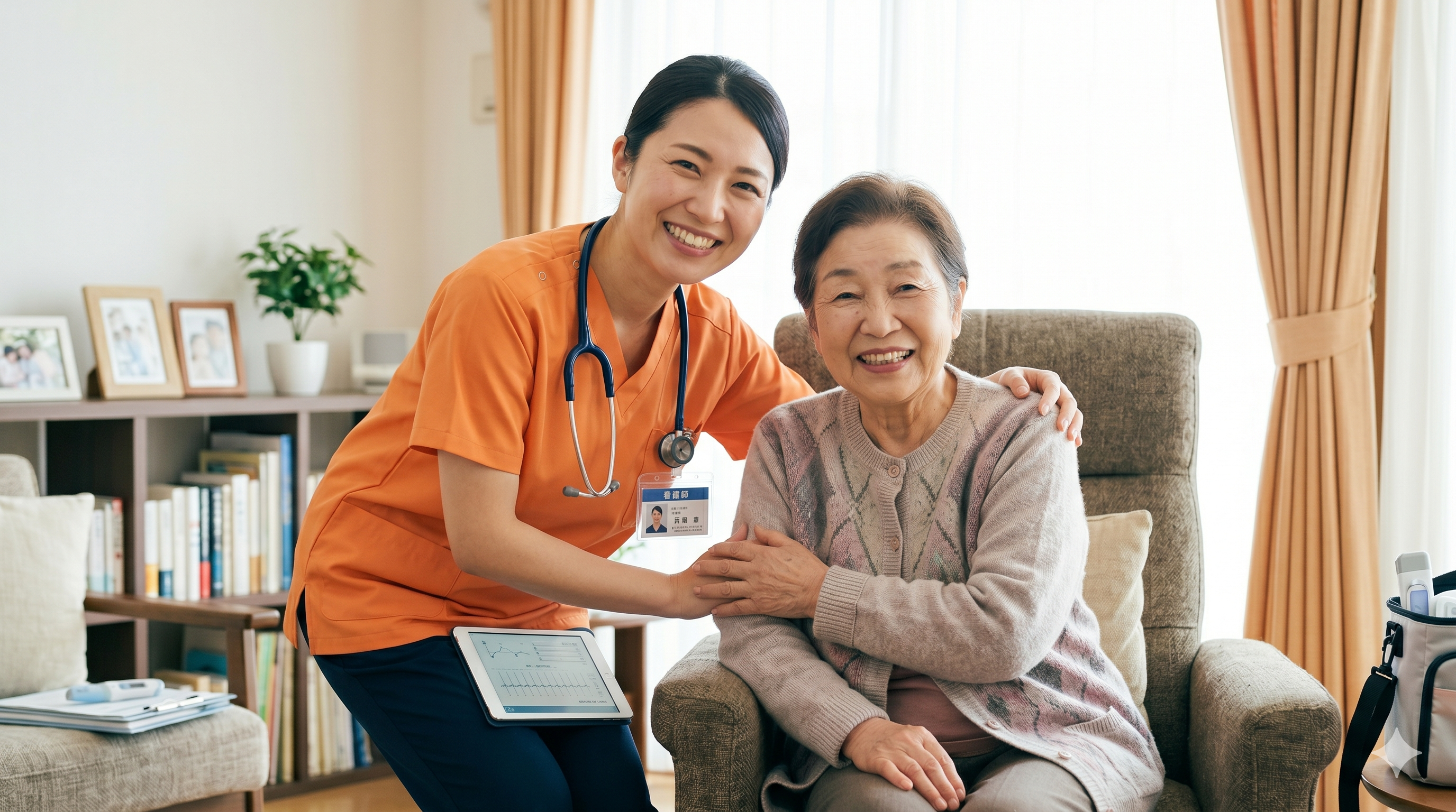 縁側で手をつなぐ親子